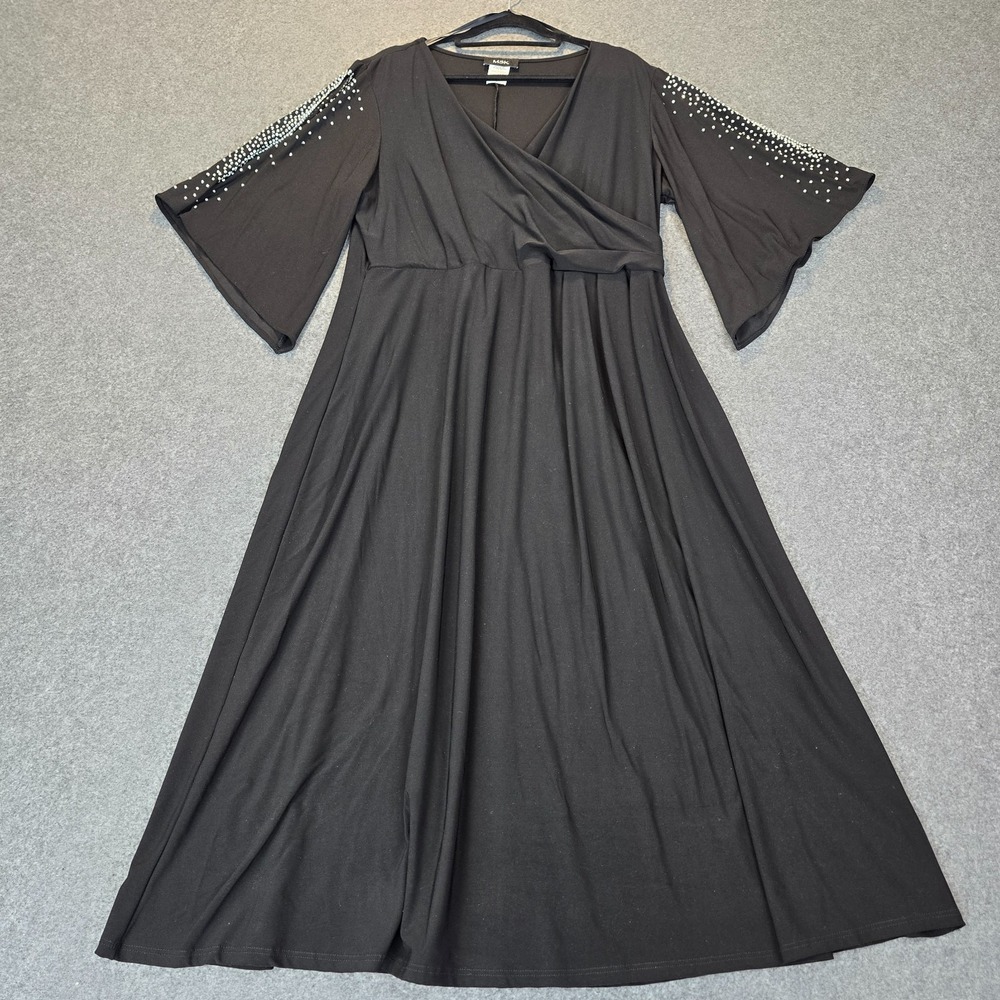 MSK Faux Wrap Dress Women's XL Black Stretch Rhinestone Embellishments V Neck